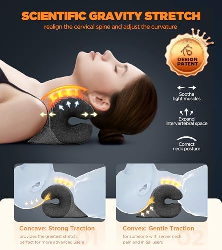 Deep Heated Neck Stretcher with Graphene Heating Pad, Odorless Neck Cloud Cervical Traction Device for Pain Relief, Chiropractic Pillow for Neck & Shoulder Comfort, Gift for Women, Men (Orange)