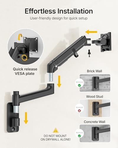 monTEK Single Monitor Wall Mount, 17–57" Gas Spring Arm, Heavy Duty, Black
