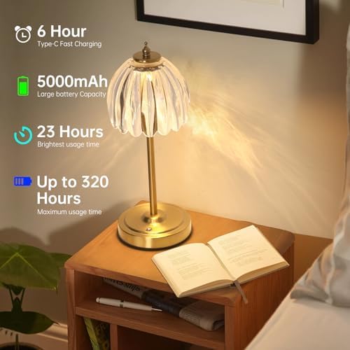 Shenmoyl Tulip Table Lamp with 5000mAh Battery & Touch Control, Cordless Table Lamp with 3 Colors, Dimmable Rechargeable Table Lamps for Bedroom, Nightstand, Living Room, Entryways (Transparent Tulip)
