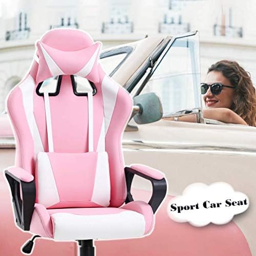Pink Gaming Chair for Adults - High Back Ergonomic Office & PC Gaming Chair with Wheels, Reclining & Adjustable Headrest & Lumbar Support