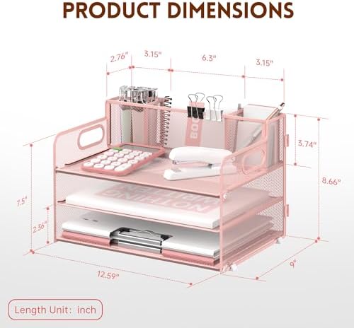 3-Tier Desk Organizer with Pen Holder and Handles, Paper Organizer, Pink