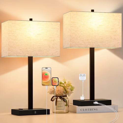 Lynnoland 21" Set of 2 Table lamp with USB A+C & AC Outlets, Touch Control 3-Way Dimmable Nightstand Lamps for Bedroom Living Room Office Reading, Linen Shade Touch Lamps, 3000K LED Bulbs Included