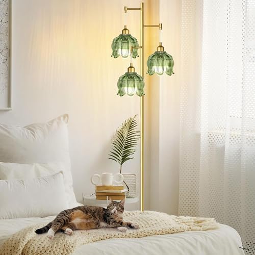 ZECOXOL Vintage Floor Lamps for Living Room Bedroom-3 Light Glass Floor Lamp with Three Led Bulb, Modern Mid Century Standing Lamp Brass Tall Lamp Gold Tree Floor Lamp for Bedroom Corner