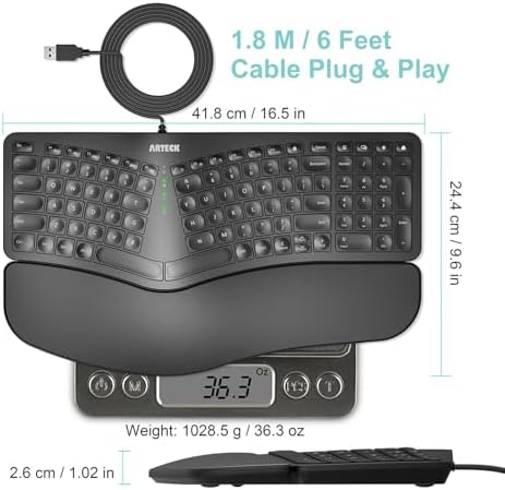 Arteck Split Ergonomic Keyboard with Palm Rest, USB Wired Backlit Keyboard