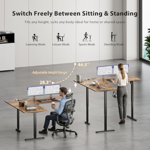 63 Inch L Shaped Electric Standing Desk, Corner Workstation, Rustic Brown