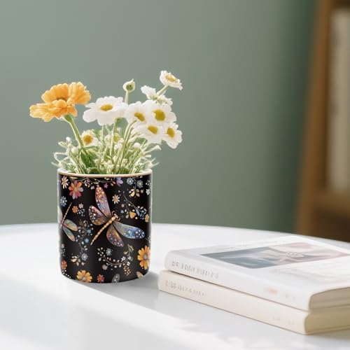 Pen Holder, Pencil Cup for Desk, Cute Makeup Brush Holder, Durable Ceramic Organizer Decor for Room, Office, Classroom, Cute Dragonfly Pattern