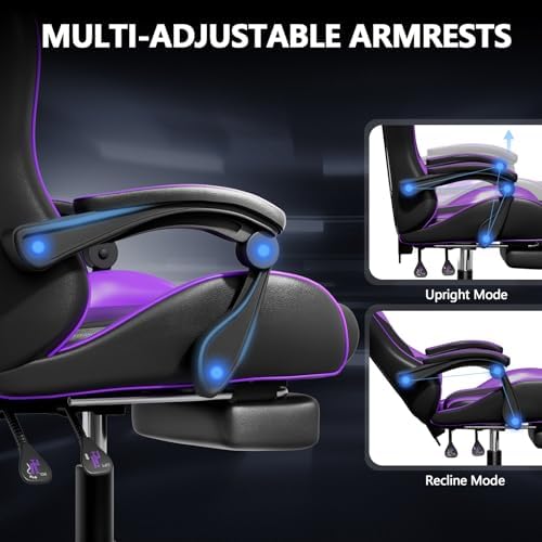 Mr IRONSTONE Gaming Chair with Footrest, Ergonomic Reclining Gamer Chair with Lumbar Support & Massage, High Back Racing Style Video Game Chair, Adjustable Headrest, Swivel Desk Chair, Purple