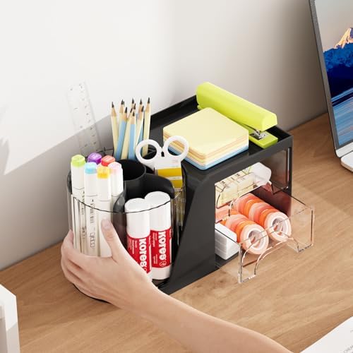Marbrasse Desk Organizer with 2 Drawer, 360°Rotating Pen Holder, Desk Organizers and Accessories with 6 Slots Pencil Holder + 2 Drawer, Art Supply Storage Box Caddy for Office (Black)