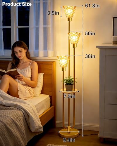 3-Light Modern Glass Floor Lamp with Shelf, Gold Tall Standing Lamp with Amber Flower Glass Shade, LED Floor Lamp with Foot Switch& 5Lbs Heavy Base for Living Room Bedroom, Bulb Included