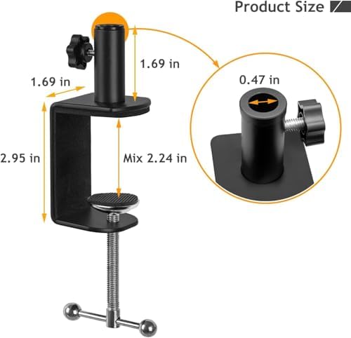 Desk C-Clamp with 1/2" Thread Hole, C Clamp for Microphone Stand, Adjustable Metal Table Clamp on Desk Lamp, Black Desk Lamp Clamp for Swing Arm Magnifying (4, black)