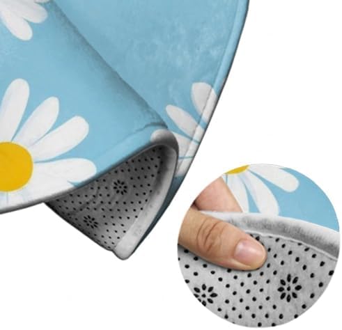 Large Home Decor Mat, Soft Round Yoga Carpet, Non Slip Machine Washable Kitchen Office Circle Rug Sky Blue White Daisy Flowers