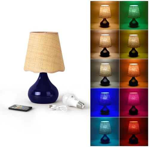 Cordless Table Lamp Rechargeable, Navy Blue Mini Bedroom Lamps for Bedside Nightstand, Rattan Shade Small Table Lamps for Small Spaces for Kitchen Counter, Bookshelf, Home Office, Living Room, Dorm