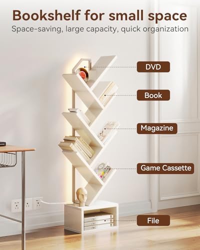 Casaottima Tree Bookshelf with LED Lights, 6-Tier Small Bookshelf, White