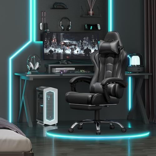 Yaheetech Gaming Chair with Footrest Massage Lumbar Pillow Reclining Black
