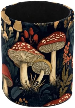 Leather Pen Holder for Desk, Vintage Mushroom Pencil Cup Pen Organizer Makeup Brush Holder for Office Home Kids Countertop Desk Accessory Storage