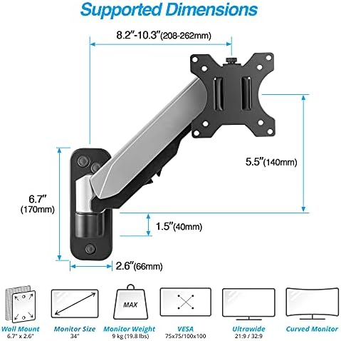 AVLT Single Monitor Arm Wall Mount for 13-32" Screens, Full Motion - Silver