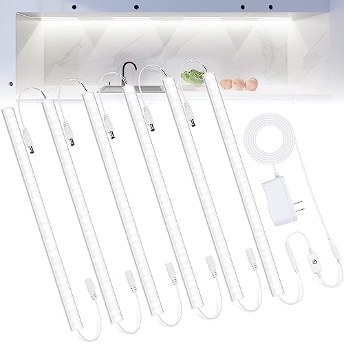 6PCS x 12 inch LED Under Cabinet Lighting 6500K, Dimmable Under Counter Lights for Kitchen, Shelf, Workbench, Cupboard Lighting, Plug-in Under Cabinet Lights with Memory Function, Cold White