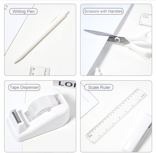 COMFYROOM Desk Accessories with Pen Holder, Office Supplies Desk Organizers and Accessories, Tape Dispenser, Stapler, Staple Remover, Staples, Clips Set, Ruler, Scissor, Pen, Tape (White)