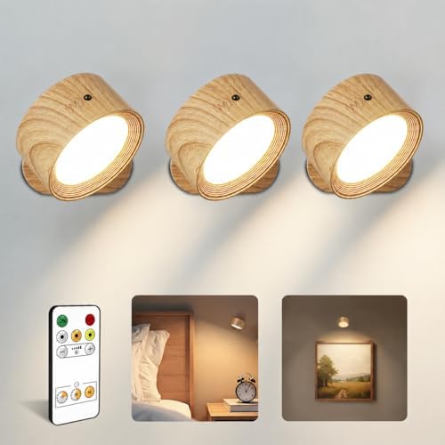 Wall Lights, Rechargeable Magnetic Wall Sconce with Remote, Wood Grain-3Pcs