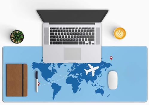 World Map with Airplane Desk Mat Blue Large Mouse Pad XL Extended Gaming Mousepad Keyboard Mouse Mat Desk Pad for Computer Laptop 31.5''X11.8'' Non-Slip Rubber Base with Stitched Edges