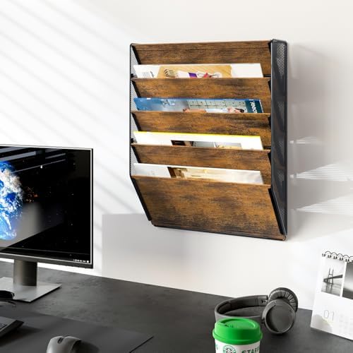 PAG-Mass Wall File Organizer for Office, 5-Tier Rustic Hanging File holder Wall Storage Rack for Documents/Magazine/Literature/File Folders/Mails/Envelopes, Brown