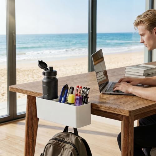 Desk Side Storage, Side Desk Organizer, No Drill Hanging Desk Organizer with 4 Large Pockets, Table Hanging Storage for Office & Home, Fits Flat Table Edge 1.26" (White)