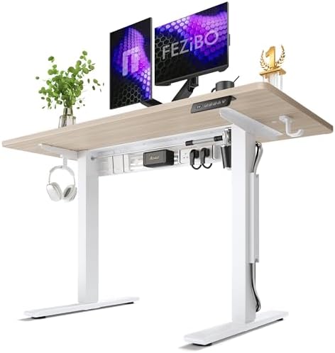 FEZIBO Electric Standing Desk with L-Shaped Crossbar & Cable Management System, 48 x 24 Inches Sit Stand up Desk, Adjustable Height Standing Desk for Home Office, Light Walnut