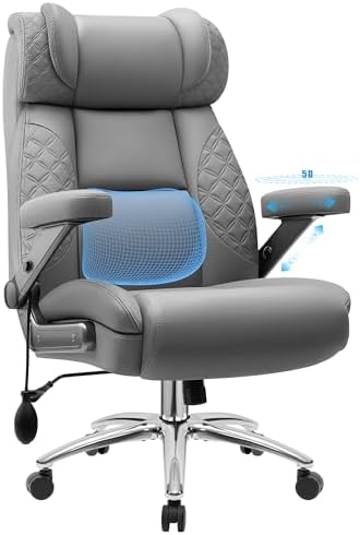 BestGlory Big and Tall Office Chair, 500LBS Wide Seat Computer Desk Chair, Extra Large Executive Gaming Chair with Adjustable Lumbar Support and 5D Flip Arms, Comfy Heavy Duty Office Chair, Gray