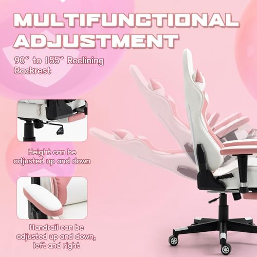 Pink-White Ergonomic High Back Massage Gaming Chair with Footrest