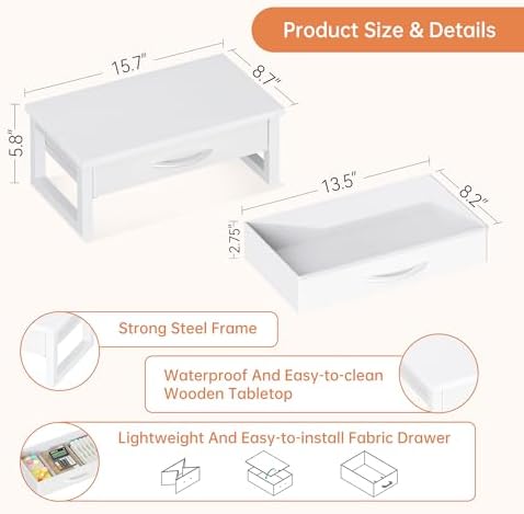Desk Organizers and Accessories, Computer Monitor Stand Riser with Drawer, White Laptop Stand for Desk with Storage, Office Organization, Wood