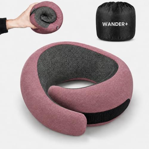 WANDER+® Travel Neck Pillow, Memory Foam Neck Pillow for Airplanes, Comfortable Breathable Cover, 360 Degree Support Ergonomic Design Best for Sleeping Plane Train Travel Essentials Purple