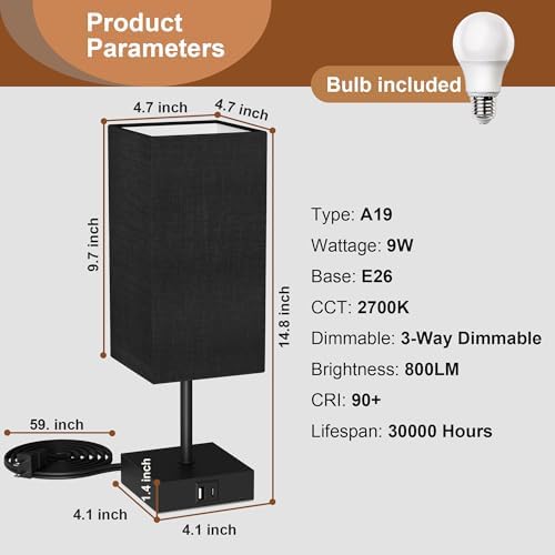 Touch Bedside Table Lamp for Bedroom, 14-Inch, Black, Set of 2
