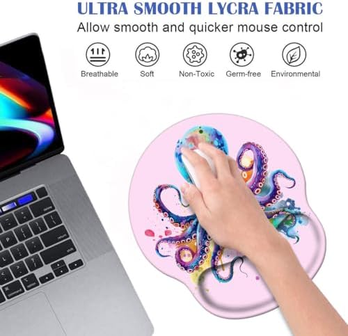 Ergonomic Mouse Pad Wrist Support and Cute Coffee Coaster, Non Slip PU Base Mouse Pad Wrist Rest for Computer, Office Gaming, Working, Easy Typing & Pain Relief, Colorful Octopus