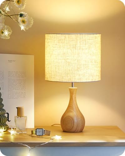 Small Table Lamp, Wood Desk Lamp with Beige Linen Lampshade & Natural Wood Bottle-Shaped Base, Modern Bedside Lamp with Cable, E26 Base, Bulb Not Included, for Bedroom, Kid's Room, ME09TL05