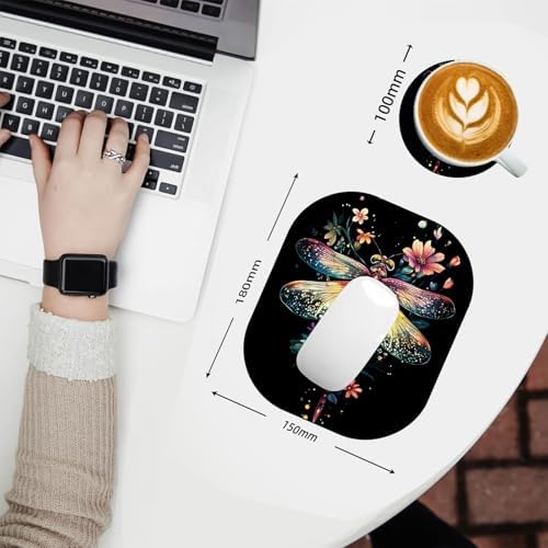 Small Mouse Pad，Mini Mouse Pad 6 x 7 Inch，for Laptop Keyboard Tray Wireless Mouse Home Office Travel，with Non-Slip Rubber Base, Waterproof Mouse Mat，Colorful Dragonfly with Flowers