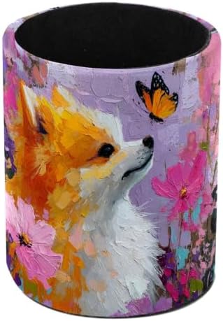 Leather Pen Holder for Desk, Dog Oil Painting Pencil Cup Pen Organizer Makeup Brush Holder for Office Home Kids Countertop Desk Accessory Storage