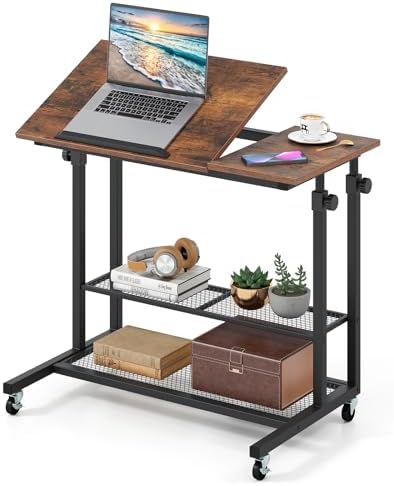 Giantex Mobile Standing Desk, Adjustable Rolling Computer Desk w/Tilting Desktop & Storage Shelves, PC Laptop Table, Small Compact Desk on Wheels for Small Space, Living Room & Bedroom (Rustic Brown)