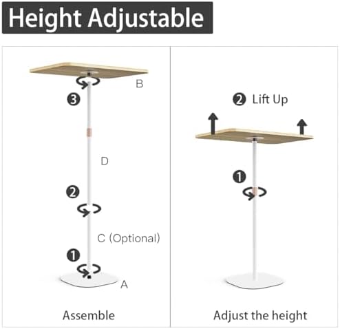 Small Laptop Standing Desk, 18“H - 46”H Adjustable Height Pedestal Side Table with Wooden Top, Portable Tall End Table, Stand-Up Desk for Bedside, Couch, Sofa, Living Room, Bedroom, Home Office, White