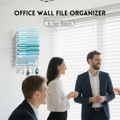 8-Tier Wall File Organizer and Mail Organizer with 5 Hooks, White