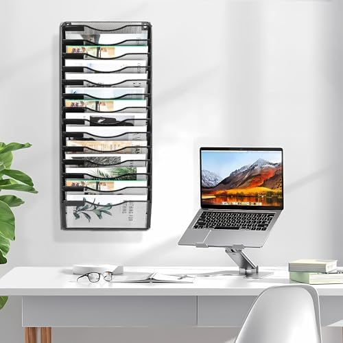 EasyPAG Wall File Organizer for Office 14 Pocket Mesh Wall Mounted Paper Organizer Hanging Folder Holder with Nametag Label for Home School, Black