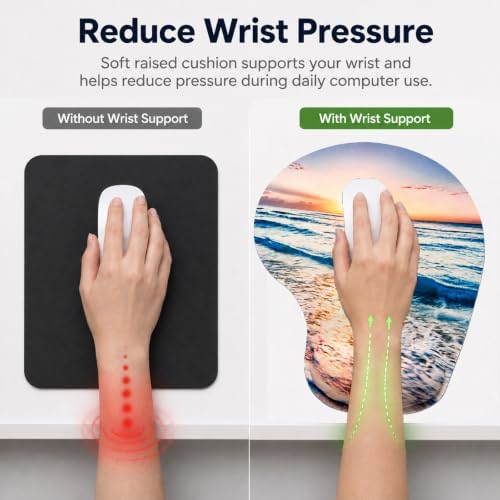 Mouse Pad with Wrist Support, Ergonomic Mouse Pads with Memory Foam Wrist Rest, Easy Typing Pain Relief, Comfortable Home Office Computer Wrist Support Pads for Working Studying Gaming, Beach