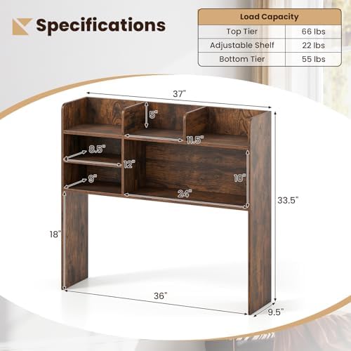 GIANTEX Desktop Bookshelf, 37" Desk Hutch Dorm for Computer Up to 32 Inch, Countertop Hutch w/6 Storage Shelves, 3-Tier Desktop Organizer Display Rack, Wood Desk Shelf for Home Office (Rustic Brown)