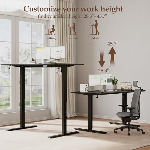 Klicelor 63 x 28 Electric Standing Desk, Sit Stand Up Home Office Desk, Height Adjustable Deep Cumputer Table with Memory Presets and Hooks, Two Pieces, Black