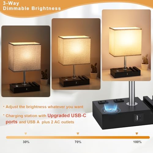 Touch Bedside Table Lamp for Bedroom, 3-Way Dimmable, USB C+A, 2 AC Outlets
