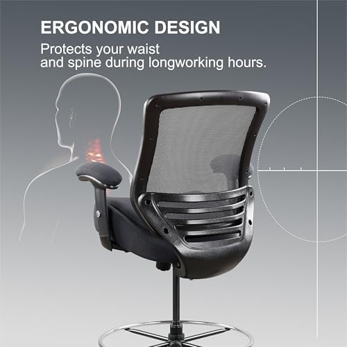 400lbs Office Drafting Chair Wide Dual Seat Cushion Height Adjustable Armrest for High Standing Desk with Lumbar Support and Enlarged Adjustable Footrest (Black Frame Gray Fabric)