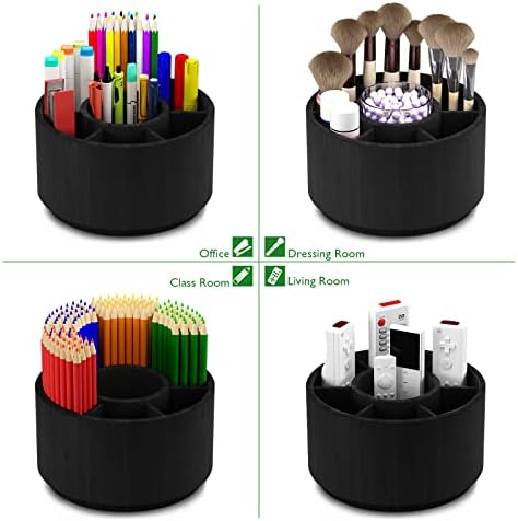 Bamboo Rotating Pencil Holder for Desk, Desk Organizer with 7 Compartments