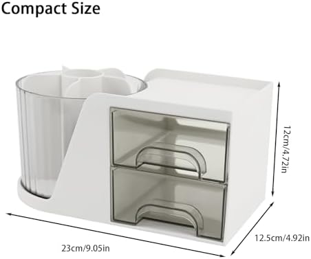 Desk Organizer with Rotating Pencil Pen Holder and 2 Small Drawers, Desk Caddy for Office Workspace Organization and Storage (White)