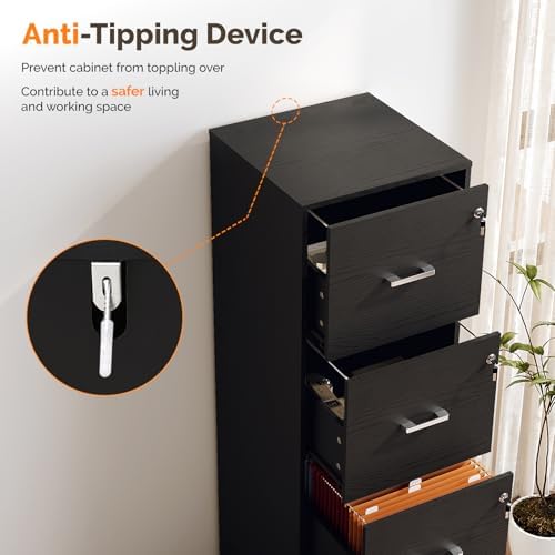 VINGLI 4 Drawer File Cabinet with Lock, Home Office Filing Organizer, for Letter Size File Folder Storage, Wood Tall Vertical Filing Cabinet, Printer Stand, Archivador (Black)
