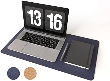 RENMTURE Dual-Sided Mouse Pad, Natural Cork & PU Leather Large Desk Pad for Office and Home Work, Desk Protector Non-Slip, Waterproof, Easy Clean (Dark Blue, 23.6" x 13.7")