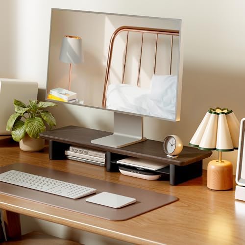 PEGZONE 31.5" Dual Monitor Riser, Metal Shelf Wooden Desk Organizer